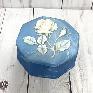 Vintage Blue Cameo Trinket Box Incolay White Rose Victorian Octagon Jewelry Box